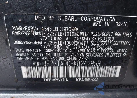 2019 Subaru Crosstrek Premium from USA, damaged, VIN JF2GTADC9K8242999